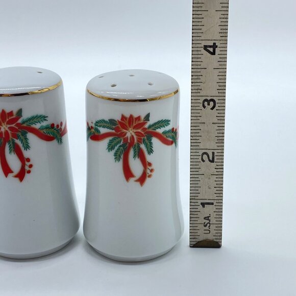 Tienshan/Fairfield Poinsettia & Ribbons Salt Pepper Shakers Festive Holiday - Picture 5 of 8